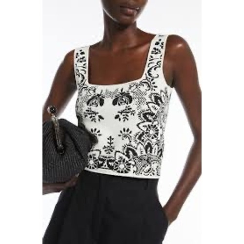 Max Mara  Black White Floral Paisley Intarsia Knit Square‎ Tank Size Large NWT